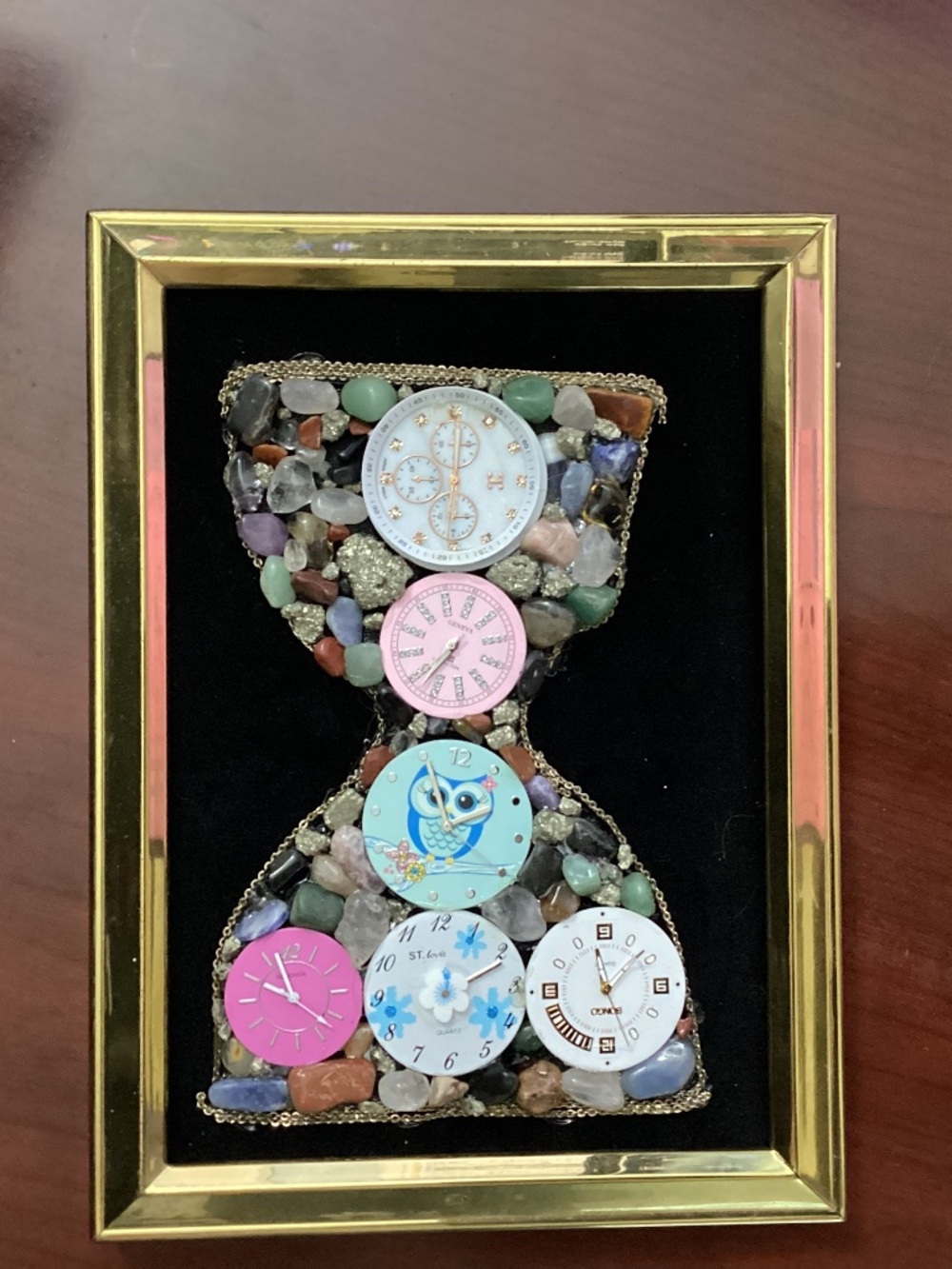 Handmade jewelry art hour glass gold frame watch faces semiprecious stone chips
